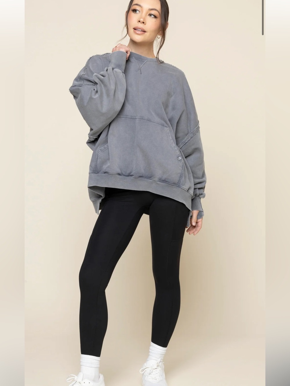 New POPFLEX “Vintage Gray” Crewneck Pullover Sweater with thumbholes & pocket
